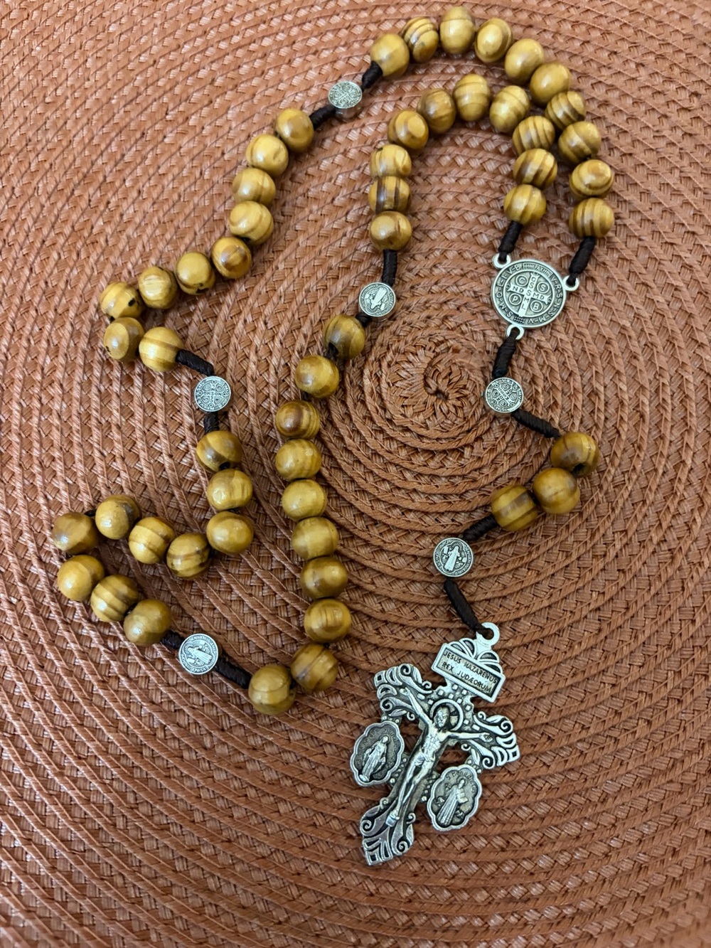 Handmade Olive Wood Rosary Necklace with Silver Cross